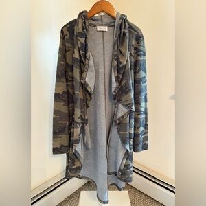 Emelia Camoflauge Hooded Open-Front Long Cardigan — Size L